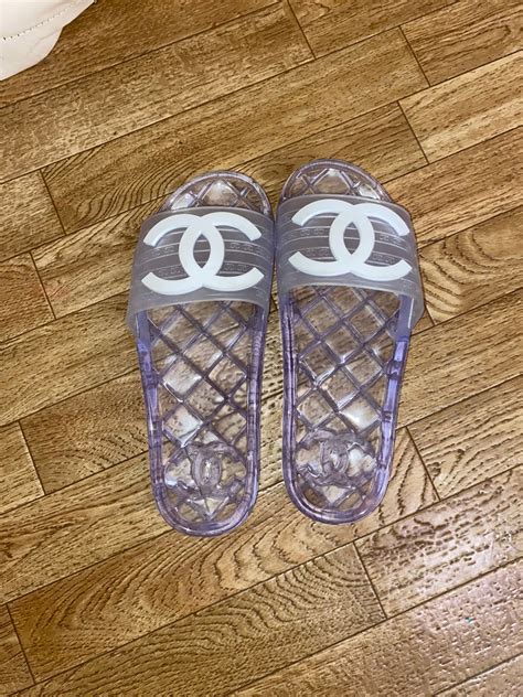 chanel glossy slides|Chanel clear pool slides.